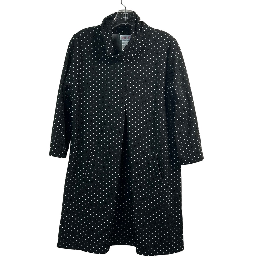 Top It Off Black White Polka Dot Cowl Neck Dress with Pockets Large 3/4 Sleeve